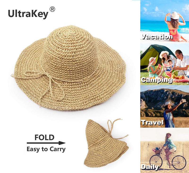 UltraKey Straw Hat, Handmade Beach Wide Brim Cap Foldable Outdoor Sun Hat Beach Headwear for Adult Man Women Beige - Image 2
